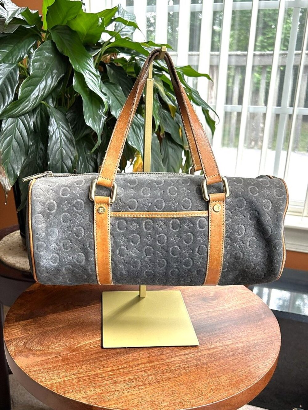 CELINE Macadam Suede Barrel Bag, Blue Grey, British Tan